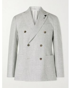 Lardini Roma Slim-fit Embellished Double-breasted Wool And Linen-blend Blazer - Grey