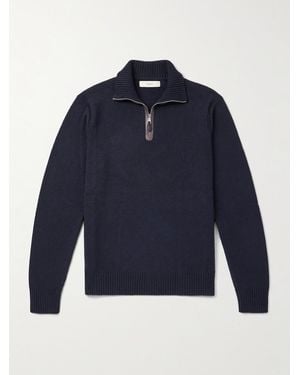 James Purdey & Sons Leather-Trimmed Cashmere Half-Zip Sweater - Blue