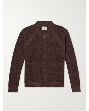 Folk Open-Knit Zip-Up Cardigan - Brown