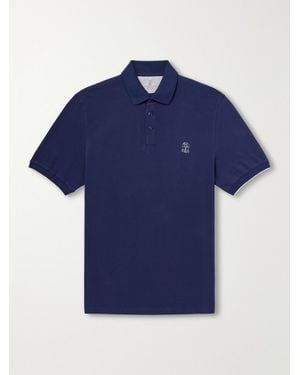 Brunello Cucinelli Logo-Print Cotton-Piqué Polo Shirt - Blue