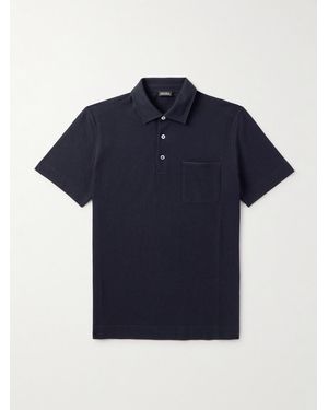 ZEGNA Slim-Fit Leather-Trimmed Cotton-Piqué Polo Shirt - Blue