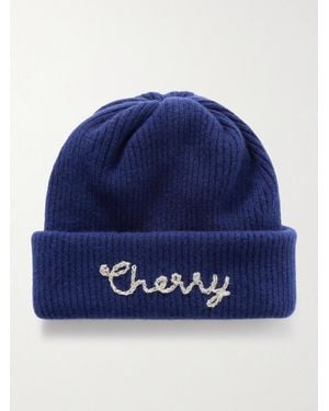 CHERRY LA Logo-Embroidered Ribbed Cashmere Beanie - Blue