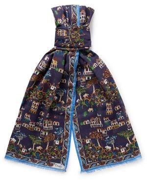 Drake's Frayed Printed Wool And Silk-Blend Scarf - Blue