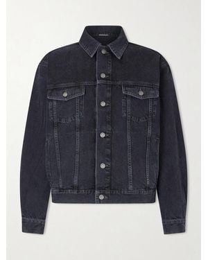 Saint Laurent Leather-trimmed Denim Trucker Jacket - Blue