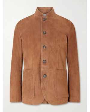 Eleventy Slim-fit Mandarin Collar Suede Jacket - Brown