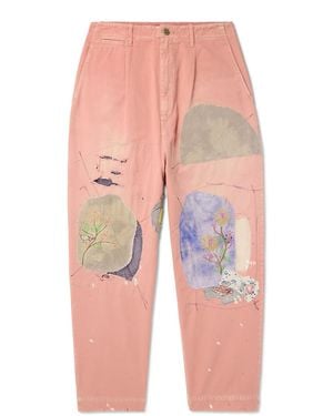 Kapital Katsuragi Tapered Appliquéd Distressed Cotton-Twill Pants - Pink