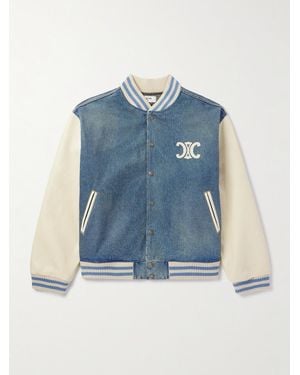 Celine Teddy Logo-Appliquéd Leather-Trimmed Denim Bomber Jacket - Blue