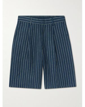 NN07 Kay 1455 Straight-Leg Pleated Striped Linen Shorts - Blue