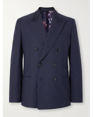 Etro Double-Breasted Felt-Trimmed Wool-Jacquard Suit Jacket - Blue