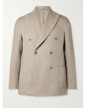 De Petrillo Double-Breasted Herringbone Linen Blazer - Natural