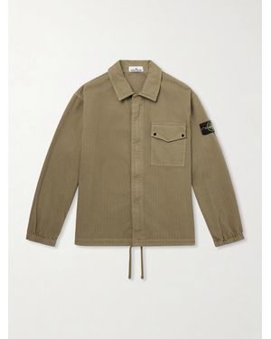 Stone Island Logo-Appliquéd Garment-Dyed Herringbone Cotton Shirt - Green