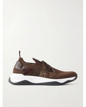 Berluti Shadow Logo-Embroidered Leather-Trimmed Stretch-Knit Sneakers - Brown