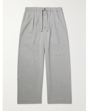 Loewe Wide-Leg Logo-Embroidered Pleated Wool Drawstring Pants - Grey