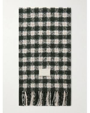 Acne Studios Fringed Logo-appliquéd Leather-trimmed Knitted Scarf - Green