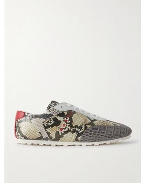 Marni Logo-Embroidered Croc And Snake-Effect Leather Trainers - Grey