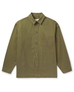 Saint Laurent Logo-embroidered Cotton And Linen-blend Gabardine Overshirt - Green