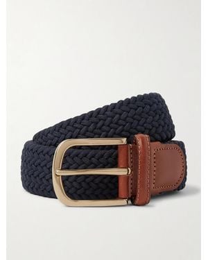 Anderson & Sheppard 3.5Cm Leather-Trimmed Woven Elastic Belt - Blu