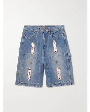 Kapital Straight-Leg Leather-Trimmed Embellished Denim Shorts - Blue