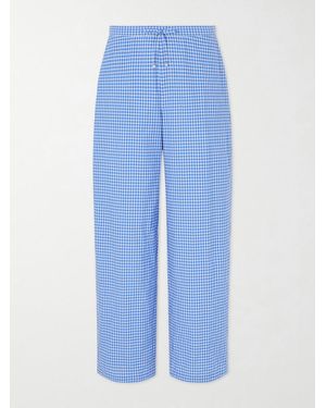 Loewe Paula's Ibiza Straight-Leg Anagram-Embroidered Checked Cotton-Poplin Trousers - Blue