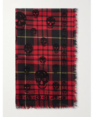 McQueen Fringed Checked Wool And Silk-Blend Scarf - Rosso