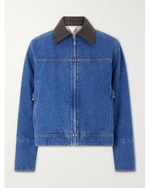 Bottega Veneta Intrecciato Leather-Trimmed Denim Jacket - Blue