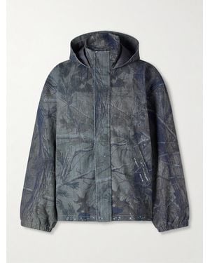 Balenciaga Logo-Embroidered Distressed Printed Denim Hooded Jacket - Blue