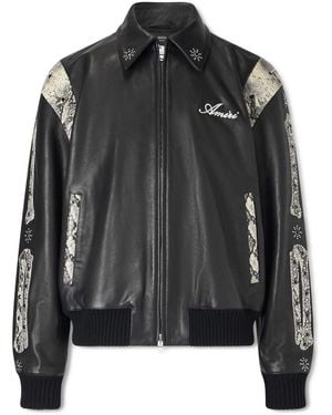 Amiri Bones Snake-Effect Paneled Studded Logo-Embroidered Leather Jacket - Black