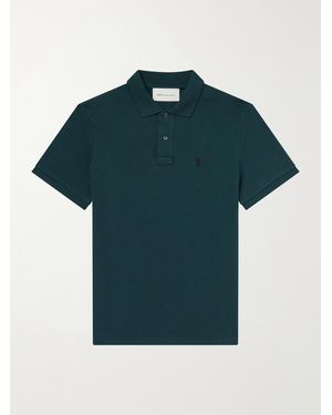 Ami Paris Logo-Embroidered Cotton-Piqué Polo Shirt - Green