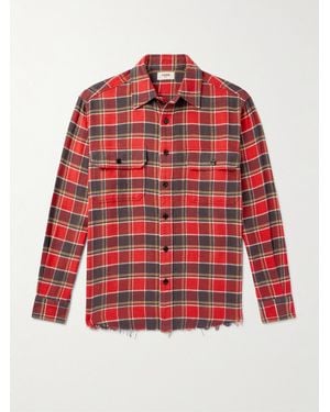 Celine Frayed Checked Cotton-Flannel Shirt - Red