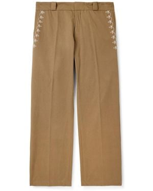 CHERRY LA Charro Straight-leg Embroidered Cotton-twill Pants - Natural