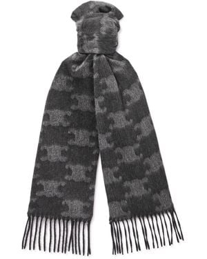 Celine Triomphe Fringed Monogrammed Jacquard-Knit Cashmere Scarf - Gray