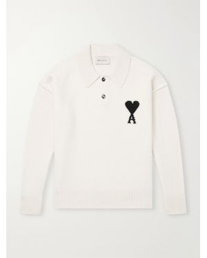 Ami Paris Logo-Intarsia Wool Polo Sweater - Natur