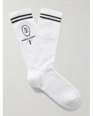 Brunello Cucinelli Logo-Embroidered Striped Ribbed Cotton-Blend Socks - White