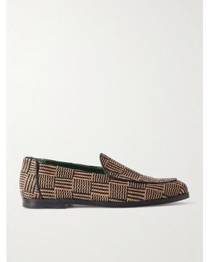 VINNY'S Belgee Leather-Trimmed Checked Raffia Loafers - Brown