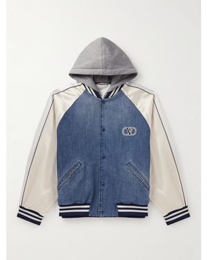 Valentino Garavani Cotton-Jersey, Satin And Denim Hooded Bomber Jacket - Blue