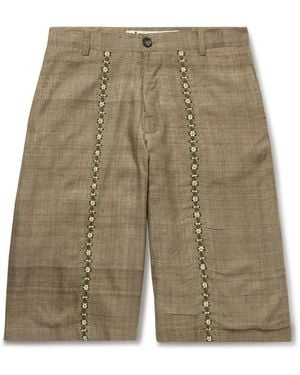 Kartik Research Straight-leg Embellished Slub Silk-voile Shorts - Green