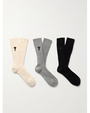 Ami Paris Three-pack Logo-embroidered Ribbed Cotton-blend Socks - Black