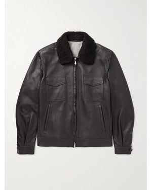 Eleventy Shearling-Trimmed Leather Bomber Jacket - Black