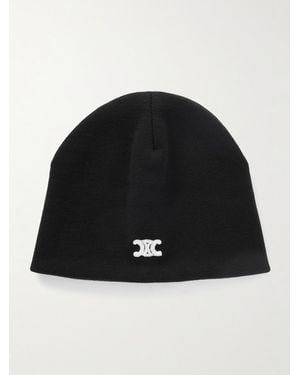 Celine Triomphe Logo-Embroidered Wool Beanie - Black