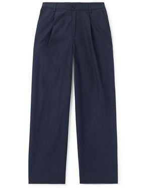 Folk Wide-Leg Pleated Cotton And Linen-Blend Pants - Blue