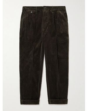 Beams Plus Cropped Pleated Cotton-Corduroy Pants - Black