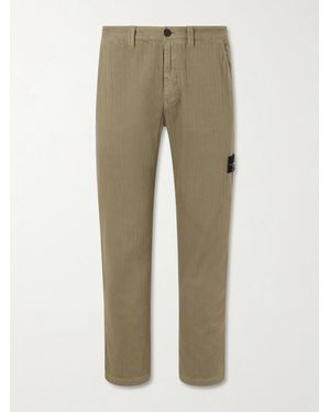 Stone Island Logo-Appliquéd Straight-Leg Herringbone Cotton Trousers - Natural