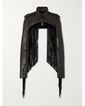 Rick Owens Microbiker Cropped Fringed Leather Jacket - Black