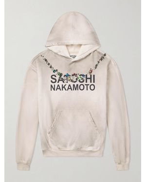 Satoshi Nakamoto Necklace Logo-Print Embellished Distressed Cotton-Jersey Hoodie - Natural