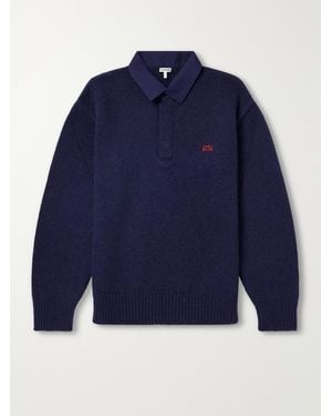Loewe Logo-Embroidered Cotton Twill-Trimmed Wool-Blend Polo Sweater - Blue