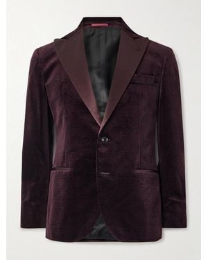 Brunello Cucinelli Schmal geschnittene Smokingjacke aus Baumwollsamt mit Glencheck-Muster und Satinbesatz - Lila