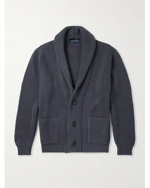 Thom Sweeney Shawl-Collar Ribbed Wool Cardigan - Blue