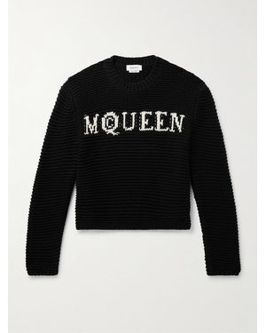 McQueen Cropped Ribbed Logo-Jacquard Cotton Jumper - Black