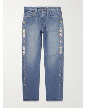 Kapital Monkey Cisco Straight-Leg Leather-Trimmed Embellished Jeans - Blue