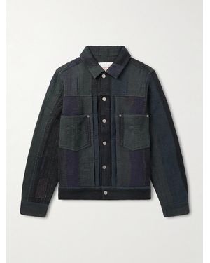 Kardo Marvin Distressed Patchworked Kantha Cotton Trucker Jacket - Blu